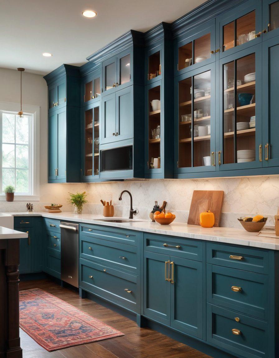 A beautifully designed home interior showcasing a variety of custom cabinets in different styles and colors, reflecting modern aesthetics. The image should include elements like a cozy living room, a stylish kitchen with storage solutions, and a tranquil workspace corner; all filled with warm light to create an inviting atmosphere. Accentuate the finesse of craftsmanship and organization in the cabinet designs, inspiring viewers to envision their own transformations. vibrant colors. super-realistic.