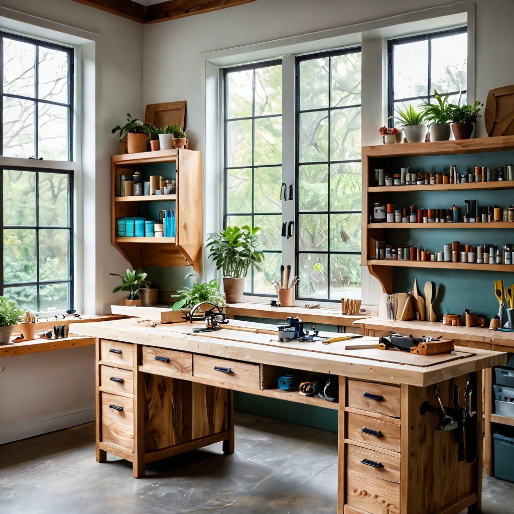 A beautifully designed workshop filled with woodworking tools and materials, showcasing a variety of DIY cabinets in different stages of creation, surrounded by natural light streaming through large windows. Include a workbench cluttered with plans, paint samples, and cheerful plants to evoke a creative atmosphere. Show a person using a saw or paintbrush with a look of concentration, blending artistry and craftsmanship. vibrant colors. super-realistic.