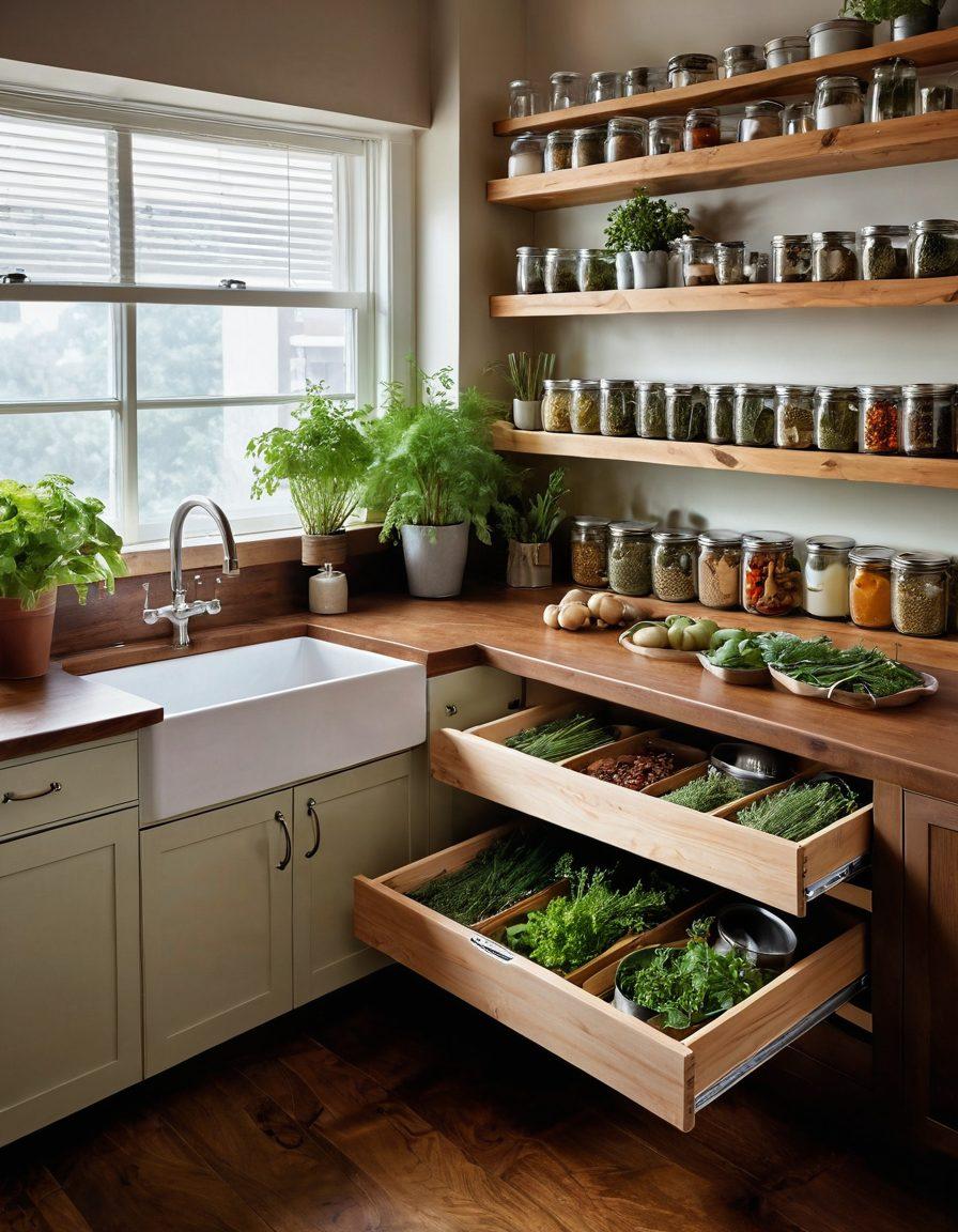 A beautifully organized kitchen with dream cabinets that showcase ingenious storage solutions like pull-out shelves, multi-tiered spice racks, and hidden compartments. The lighting should highlight the sleek wood finishes and the practicality of the setup, while colorful jars and utensils add a cheerful touch. A cozy home atmosphere is essential, with a touch of greenery from potted herbs on the windowsill. super-realistic. vibrant colors. warm lighting.